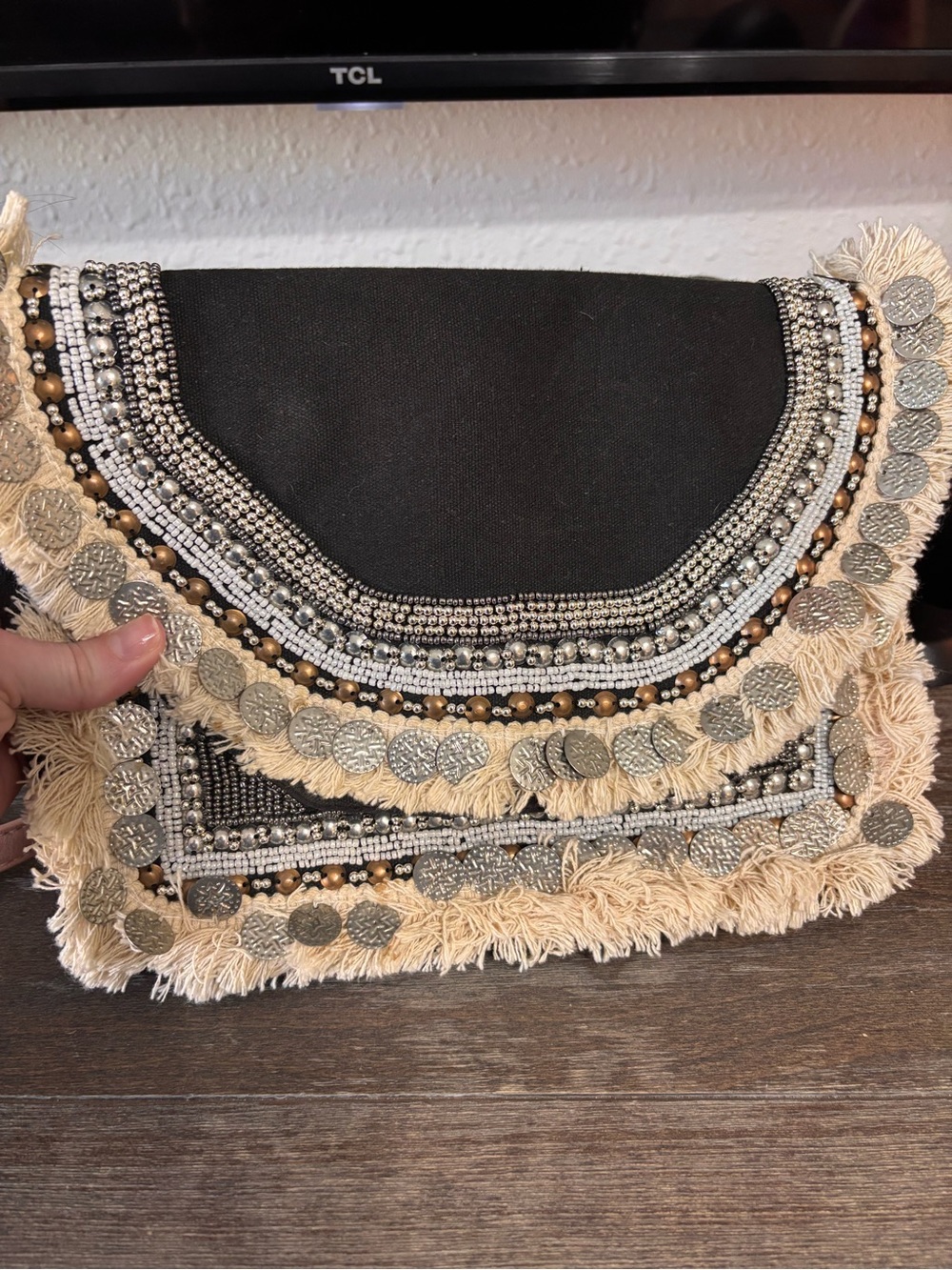Embellished Black and Cream Fringe Clutch